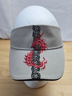 Gray Sun Visor Cap with Red Dragon Embroidery 100% Cotton Velcro Strap OSFA